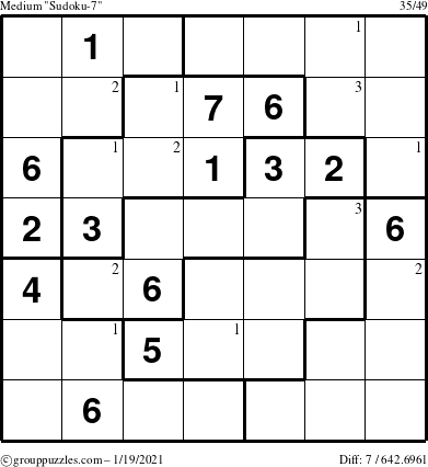 The grouppuzzles.com Medium Sudoku-7 puzzle for Tuesday January 19, 2021 with the first 3 steps marked