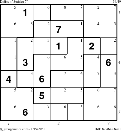 The grouppuzzles.com Difficult Sudoku-7 puzzle for Tuesday January 19, 2021 with all 8 steps marked