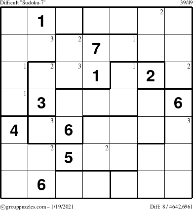 The grouppuzzles.com Difficult Sudoku-7 puzzle for Tuesday January 19, 2021 with the first 3 steps marked