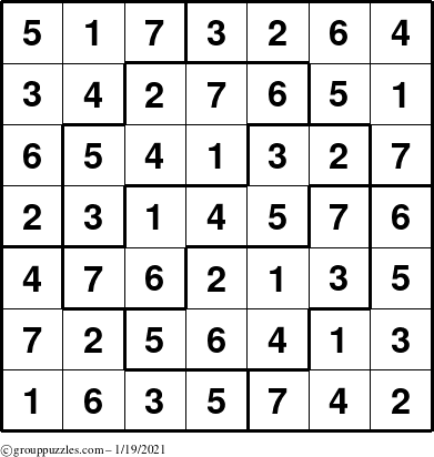 The grouppuzzles.com Answer grid for the Sudoku-7 puzzle for Tuesday January 19, 2021