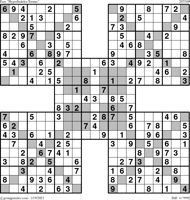 The grouppuzzles.com Easy HyperSudoku-Xtreme puzzle for Tuesday January 19, 2021