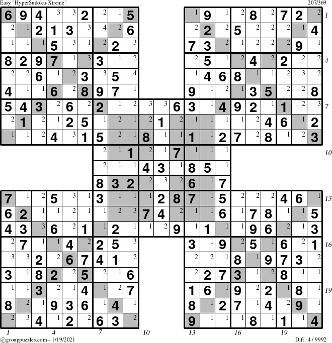 The grouppuzzles.com Easy HyperSudoku-Xtreme puzzle for Tuesday January 19, 2021 with all 4 steps marked