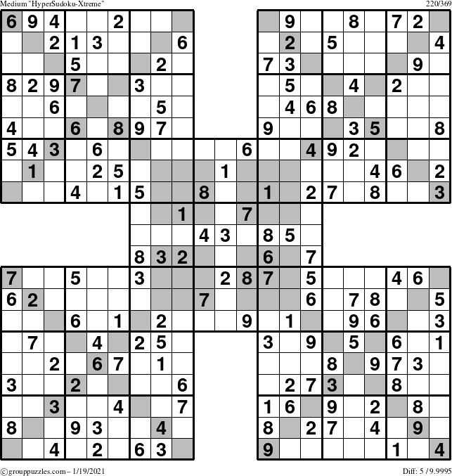 The grouppuzzles.com Medium HyperSudoku-Xtreme puzzle for Tuesday January 19, 2021