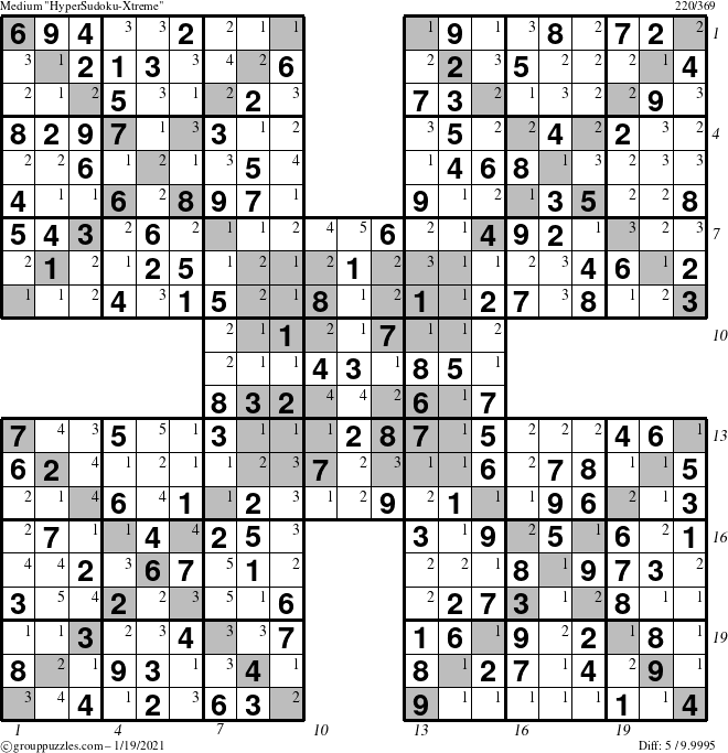 The grouppuzzles.com Medium HyperSudoku-Xtreme puzzle for Tuesday January 19, 2021 with all 5 steps marked