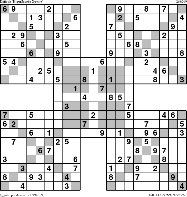 The grouppuzzles.com Difficult HyperSudoku-Xtreme puzzle for Tuesday January 19, 2021