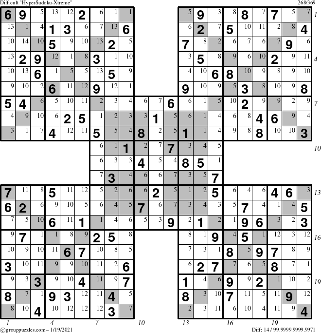 The grouppuzzles.com Difficult HyperSudoku-Xtreme puzzle for Tuesday January 19, 2021 with all 14 steps marked