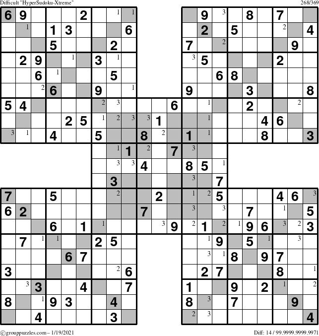 The grouppuzzles.com Difficult HyperSudoku-Xtreme puzzle for Tuesday January 19, 2021 with the first 3 steps marked