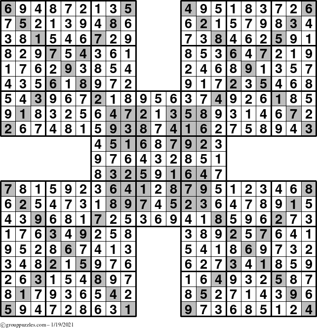 The grouppuzzles.com Answer grid for the HyperSudoku-Xtreme puzzle for Tuesday January 19, 2021