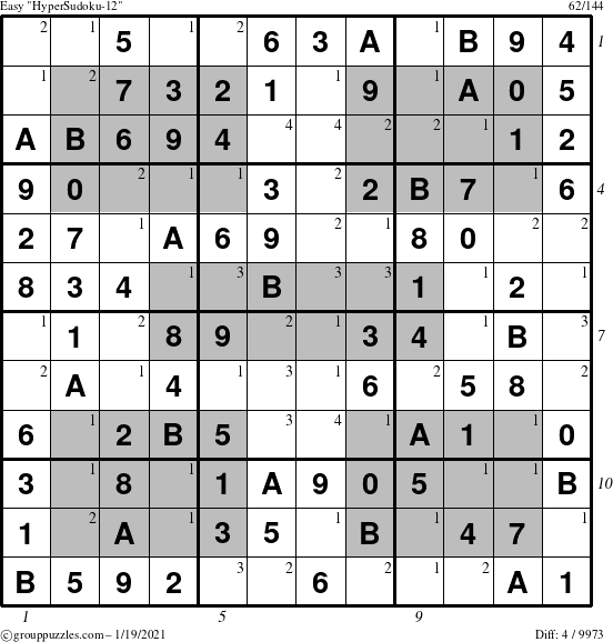 The grouppuzzles.com Easy HyperSudoku-12 puzzle for Tuesday January 19, 2021 with all 4 steps marked