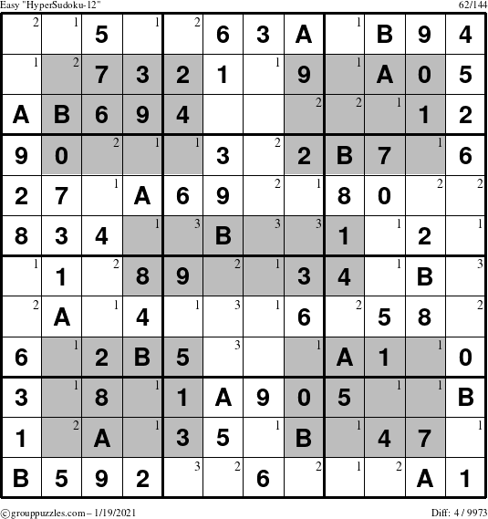 The grouppuzzles.com Easy HyperSudoku-12 puzzle for Tuesday January 19, 2021 with the first 3 steps marked