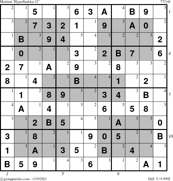 The grouppuzzles.com Medium HyperSudoku-12 puzzle for Tuesday January 19, 2021 with all 5 steps marked