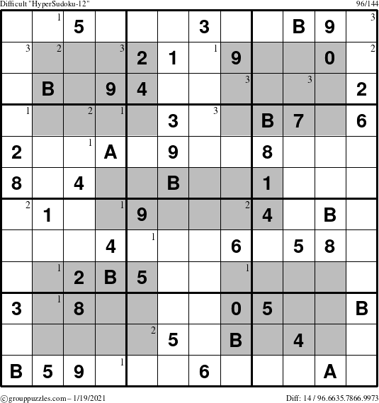 The grouppuzzles.com Difficult HyperSudoku-12 puzzle for Tuesday January 19, 2021 with the first 3 steps marked