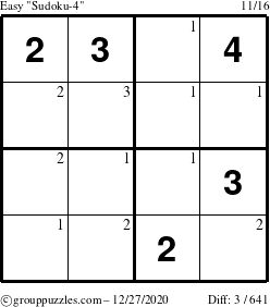 The grouppuzzles.com Easy Sudoku-4 puzzle for Sunday December 27, 2020 with the first 3 steps marked