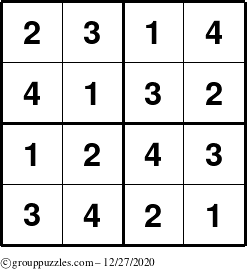 The grouppuzzles.com Answer grid for the Sudoku-4 puzzle for Sunday December 27, 2020