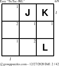 The grouppuzzles.com Easy TicTac-JKL puzzle for Sunday December 27, 2020 with all 2 steps marked