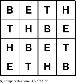 The grouppuzzles.com Answer grid for the Beth puzzle for Sunday December 27, 2020