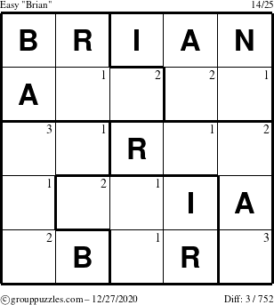 The grouppuzzles.com Easy Brian puzzle for Sunday December 27, 2020 with the first 3 steps marked