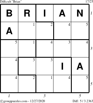 The grouppuzzles.com Difficult Brian puzzle for Sunday December 27, 2020 with all 5 steps marked