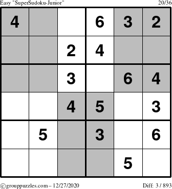 The grouppuzzles.com Easy SuperSudoku-Junior puzzle for Sunday December 27, 2020