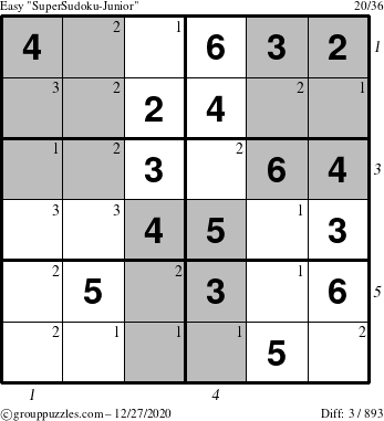 The grouppuzzles.com Easy SuperSudoku-Junior puzzle for Sunday December 27, 2020, suitable for printing, with all 3 steps marked