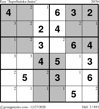 The grouppuzzles.com Easy SuperSudoku-Junior puzzle for Sunday December 27, 2020 with the first 3 steps marked