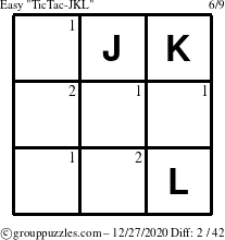 The grouppuzzles.com Easy TicTac-JKL puzzle for Sunday December 27, 2020 with the first 2 steps marked