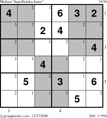 The grouppuzzles.com Medium SuperSudoku-Junior puzzle for Sunday December 27, 2020, suitable for printing, with all 3 steps marked