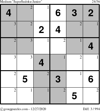 The grouppuzzles.com Medium SuperSudoku-Junior puzzle for Sunday December 27, 2020 with the first 3 steps marked