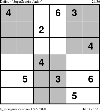 The grouppuzzles.com Difficult SuperSudoku-Junior puzzle for Sunday December 27, 2020