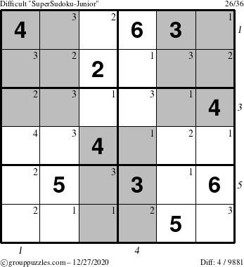 The grouppuzzles.com Difficult SuperSudoku-Junior puzzle for Sunday December 27, 2020, suitable for printing, with all 4 steps marked