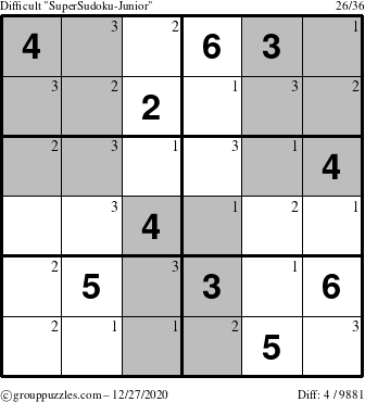 The grouppuzzles.com Difficult SuperSudoku-Junior puzzle for Sunday December 27, 2020 with the first 3 steps marked