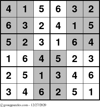 The grouppuzzles.com Answer grid for the SuperSudoku-Junior puzzle for Sunday December 27, 2020