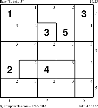 The grouppuzzles.com Easy Sudoku-5 puzzle for Sunday December 27, 2020 with all 4 steps marked