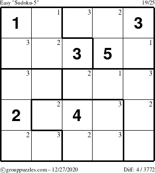 The grouppuzzles.com Easy Sudoku-5 puzzle for Sunday December 27, 2020 with the first 3 steps marked