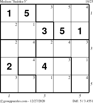 The grouppuzzles.com Medium Sudoku-5 puzzle for Sunday December 27, 2020 with all 5 steps marked