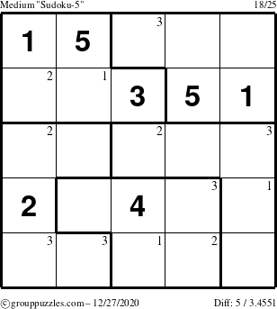 The grouppuzzles.com Medium Sudoku-5 puzzle for Sunday December 27, 2020 with the first 3 steps marked