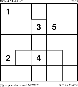 The grouppuzzles.com Difficult Sudoku-5 puzzle for Sunday December 27, 2020