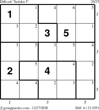 The grouppuzzles.com Difficult Sudoku-5 puzzle for Sunday December 27, 2020 with all 6 steps marked