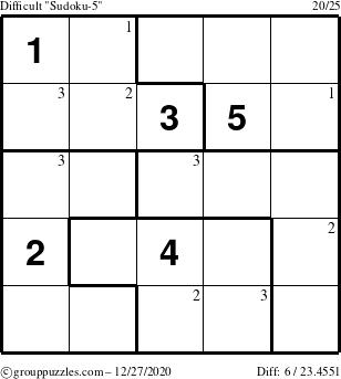 The grouppuzzles.com Difficult Sudoku-5 puzzle for Sunday December 27, 2020 with the first 3 steps marked