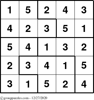 The grouppuzzles.com Answer grid for the Sudoku-5 puzzle for Sunday December 27, 2020