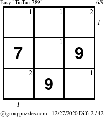 The grouppuzzles.com Easy TicTac-789 puzzle for Sunday December 27, 2020 with all 2 steps marked