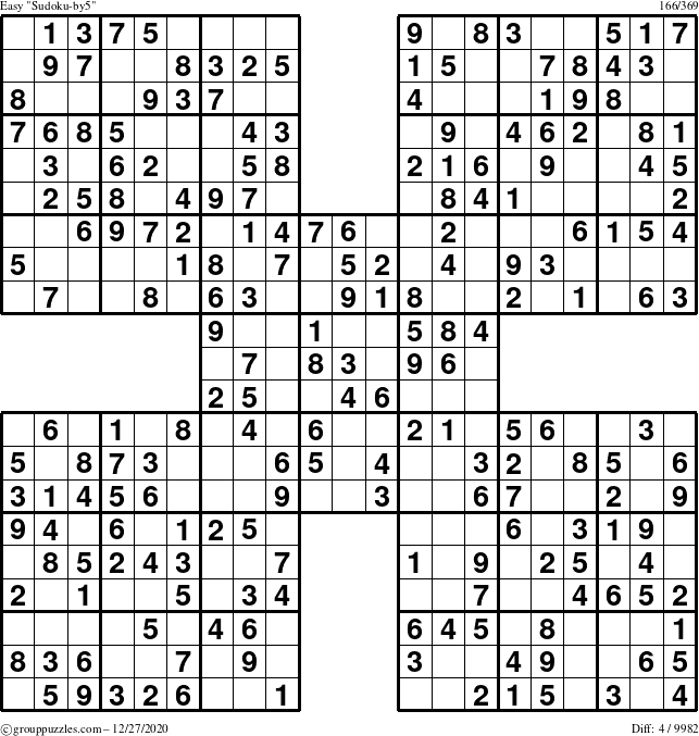 The grouppuzzles.com Easy Sudoku-by5 puzzle for Sunday December 27, 2020