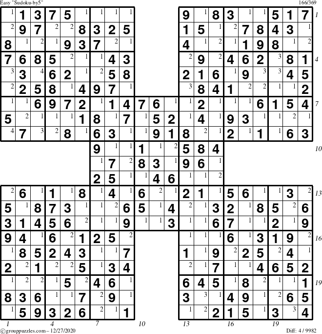 The grouppuzzles.com Easy Sudoku-by5 puzzle for Sunday December 27, 2020 with all 4 steps marked