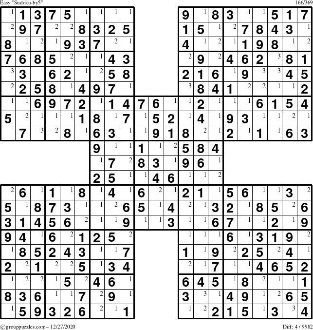 The grouppuzzles.com Easy Sudoku-by5 puzzle for Sunday December 27, 2020 with the first 3 steps marked