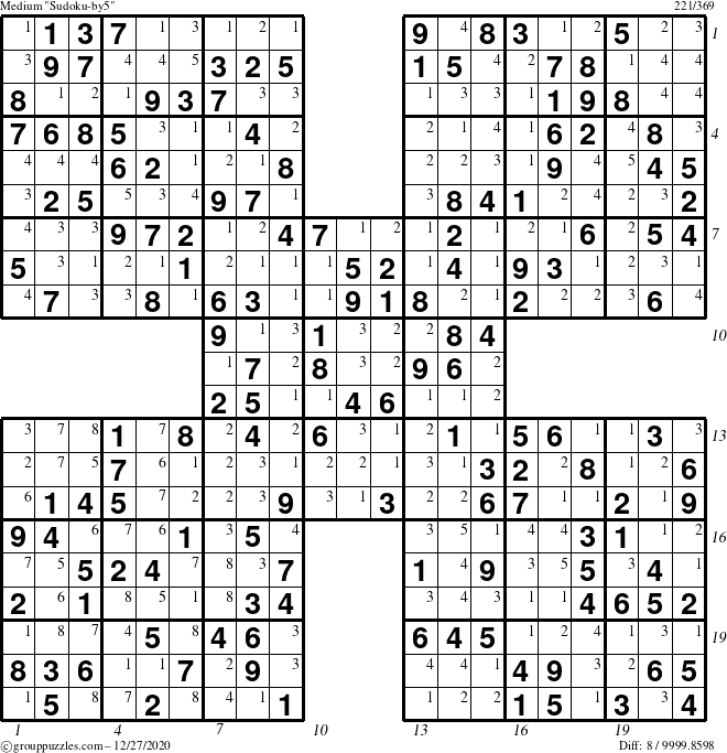 The grouppuzzles.com Medium Sudoku-by5 puzzle for Sunday December 27, 2020 with all 8 steps marked