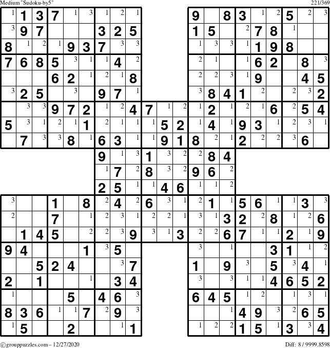 The grouppuzzles.com Medium Sudoku-by5 puzzle for Sunday December 27, 2020 with the first 3 steps marked