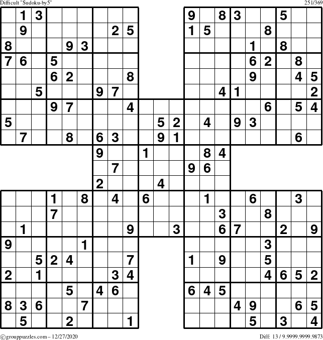 The grouppuzzles.com Difficult Sudoku-by5 puzzle for Sunday December 27, 2020