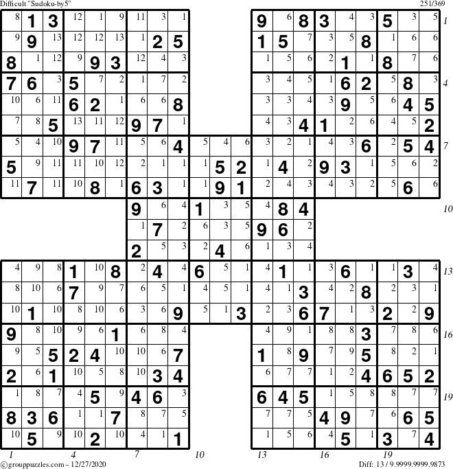 The grouppuzzles.com Difficult Sudoku-by5 puzzle for Sunday December 27, 2020 with all 13 steps marked