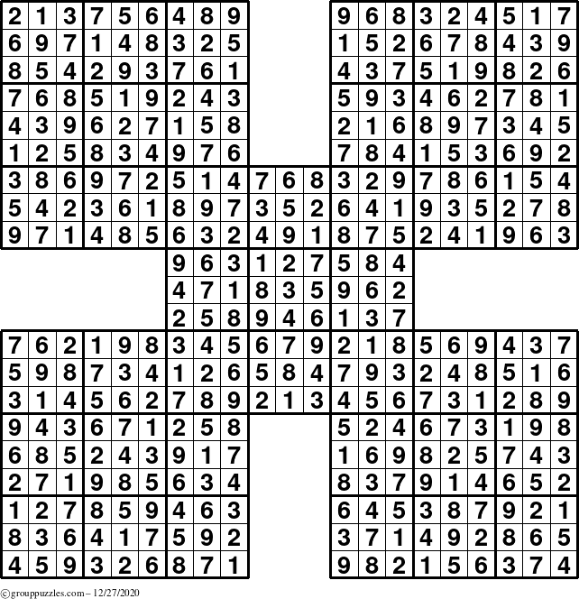 The grouppuzzles.com Answer grid for the Sudoku-by5 puzzle for Sunday December 27, 2020