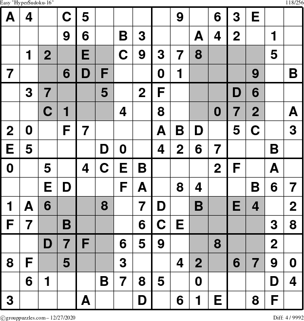 The grouppuzzles.com Easy HyperSudoku-16 puzzle for Sunday December 27, 2020